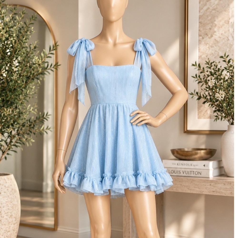 Lucy In The Sky Womens Mini Dress Blue Metallic Shimmer Tie Shoulder Extra Small